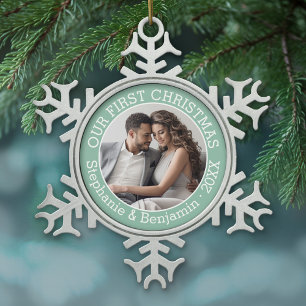 Wedding First Christmas Photo Custom Name and Year Snowflake Pewter Christmas Ornament