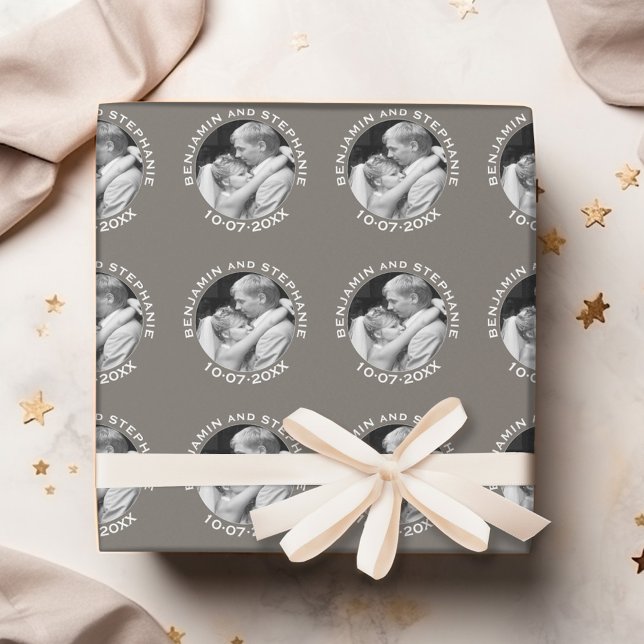 Wedding First Christmas Photo Custom Name and Year Wrapping Paper (Personalized Wedding Anniversary Wrapping Paper)