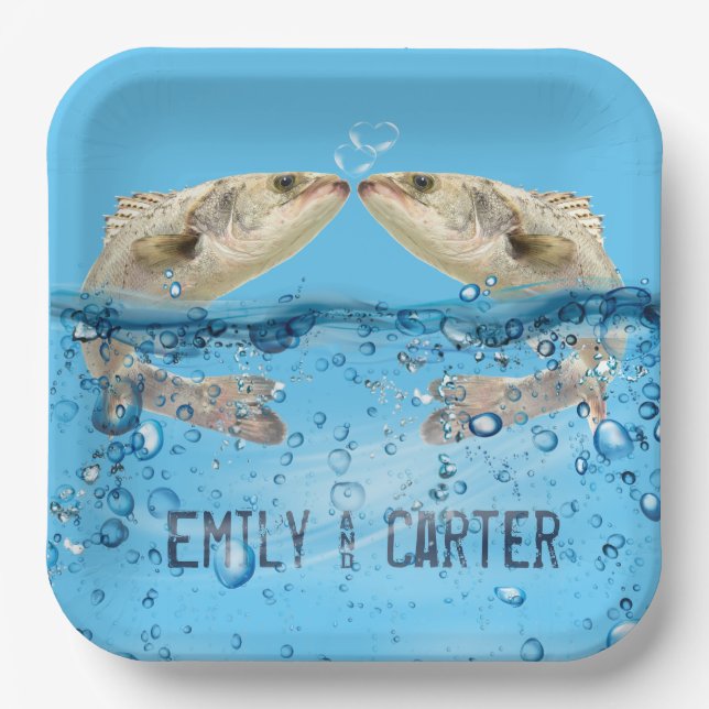 Wedding Fish in Water with Heart Bubbles Paper Plates (Front)