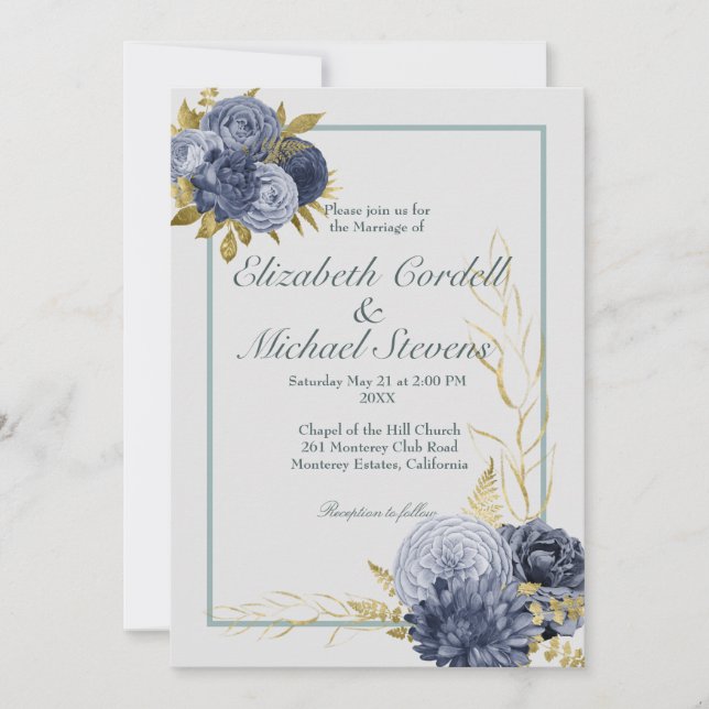 Wedding Flat Dusty Blue Gold Wedding Invitation (Front)