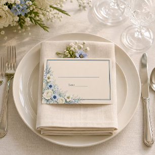 Wedding Flat Place Card Blue Ivory Winter Floral