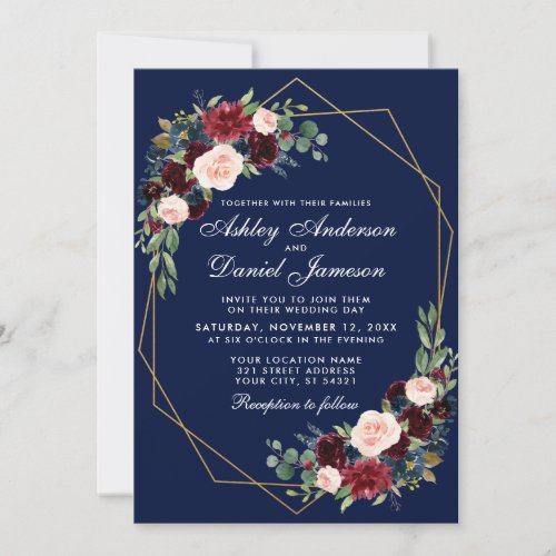 Wedding Floral Blue Burgundy Geometric Gold Frame Invitation