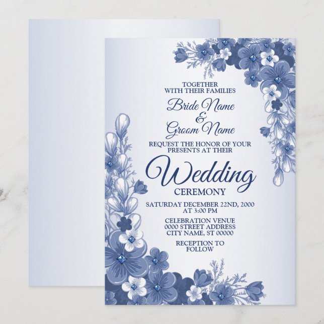 Wedding Floral Blue Gray White Rustic Invitation (Front/Back)