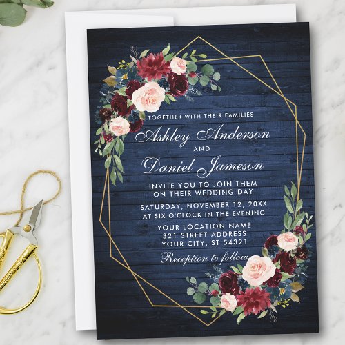 Wedding Floral Blue Wood Geometric Gold Frame Invitation