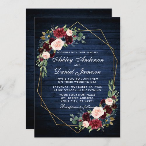 Wedding Floral Blue Wood Geometric Gold Photo Back Invitation