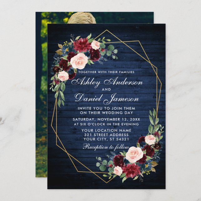 Wedding Floral Blue Wood Photo Back Gold Geometric Invitation (Front/Back)