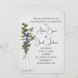 Wedding Floral Bouquet On Damask Invitation