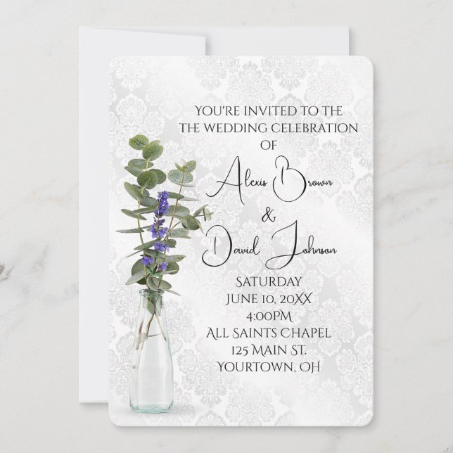 Wedding Floral Bouquet On Damask Invitation (Front)