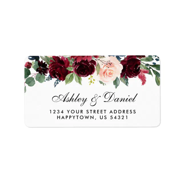 Wedding Floral Burgundy Blue Address Label | Zazzle