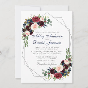 Wedding Floral Burgundy Blue Geometric Silver Invitation