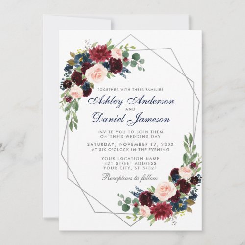 Wedding Floral Burgundy Blue Geometric Silver Invitation