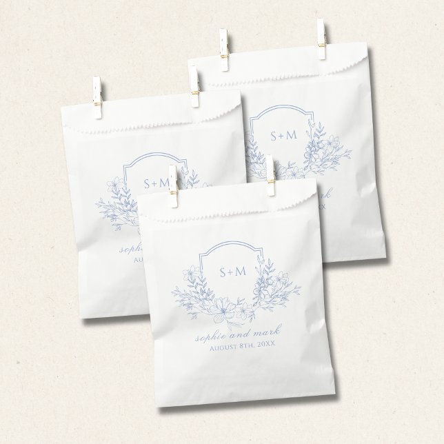 Wedding Floral Crest Monogram Dusty Blue Favor Bag (Creator Uploaded)