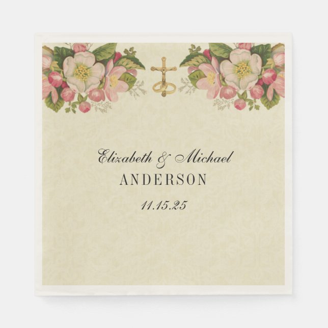 Wedding Floral Crucifix Vintage Cherry Blossoms Napkins (Front)