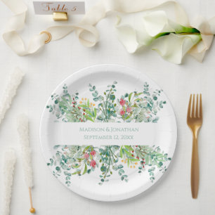 Wedding Floral Elegant Greenery Watercolor Names  Paper Plates