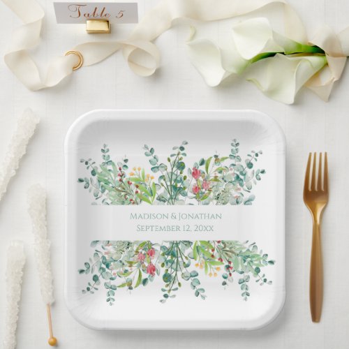 Wedding Floral Elegant Greenery Watercolor Names Paper Plates