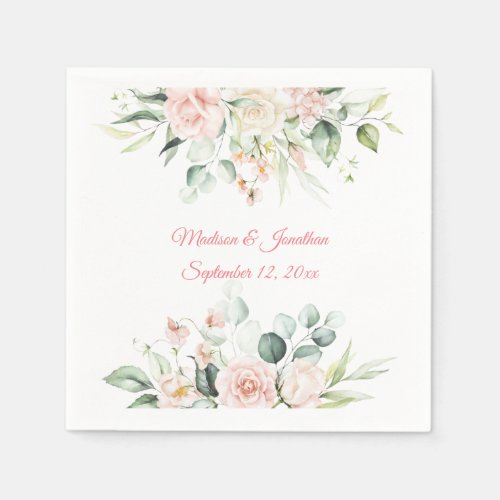 Wedding Floral Elegant Pink Chic Date Script Name  Napkins