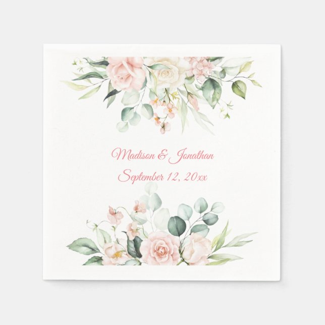 Wedding Floral Elegant Pink Chic Date Script Name  Napkins (Front)