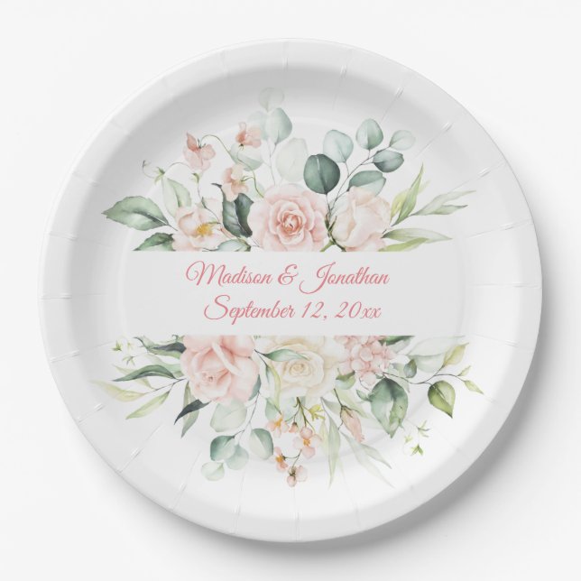 Wedding Floral Elegant Pink Chic Date Script Paper Plates (Front)