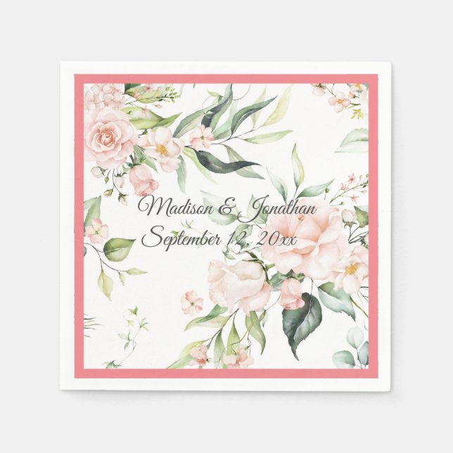 Wedding Floral Elegant Pink Chic Girly Script Name Napkins (Front)