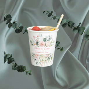 Wedding Floral Elegant Pink Date Script Names Paper Cups