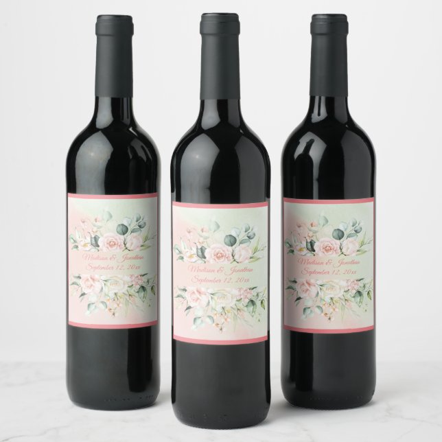 Wedding Floral Elegant Pink Script Personalize Wine Label (Bottles)