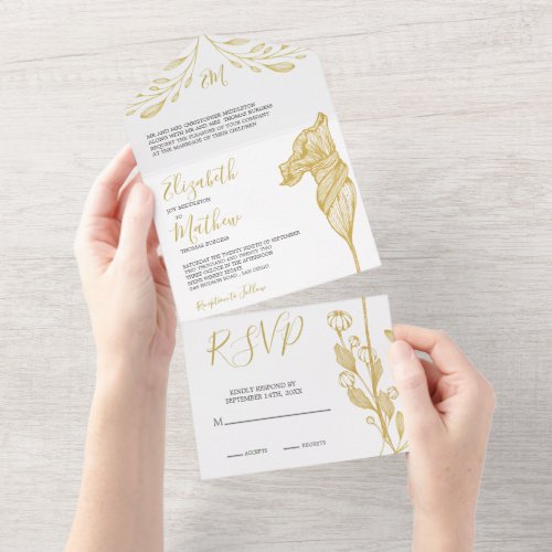 Wedding Floral Gold Elegant Formal Monogram  All In One Invitation