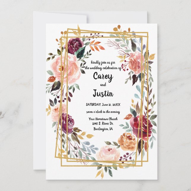Wedding Floral Gold Geometric Frame Note Card (Front)