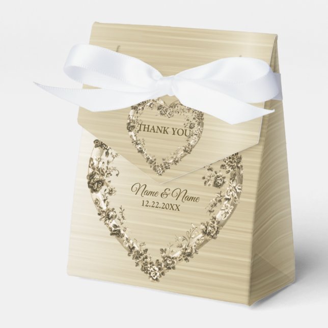 Wedding Floral Golden Ornate Heart Frame Elegant Favor Boxes (Front Side)