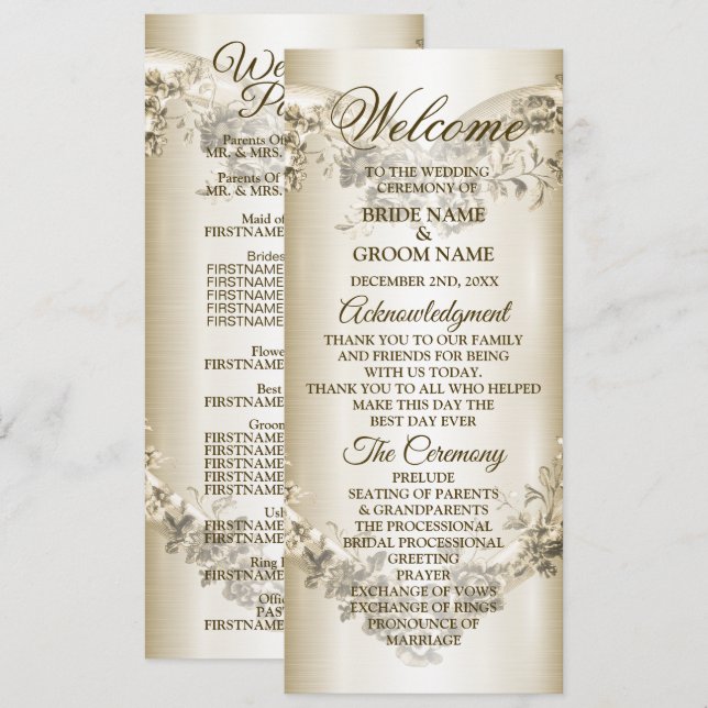 Wedding Floral Golden Ornate Heart Frame Elegant Program (Front/Back)