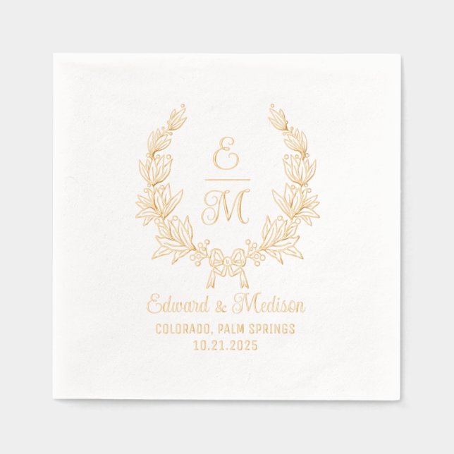Wedding Floral Laurel Wreath Initials Foil Napkins (Front)