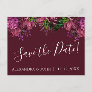 Wedding Floral Marsala Burgundy Save the Date Announcement Postcard