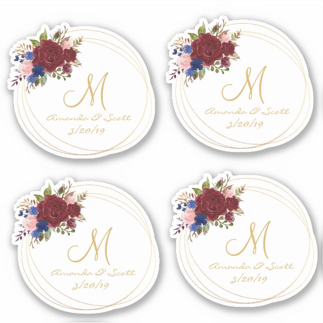 Wedding Floral Monogram Burgundy Navy Gold Frame Sticker (Front)