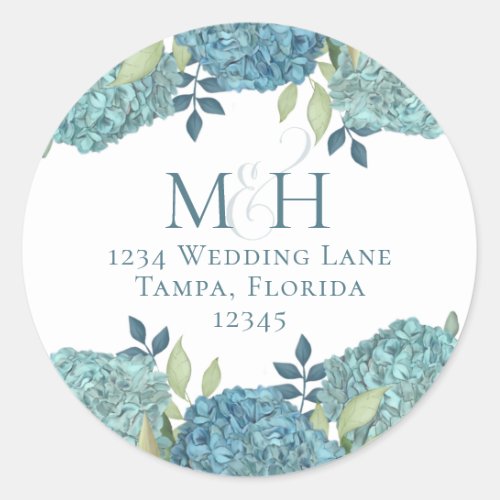 Wedding Floral Monogram Return Address Hydrangeas Classic Round Sticker