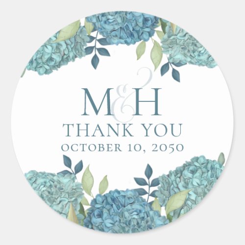 Wedding Floral Monogram Thank You Blue Hydrangeas Classic Round Sticker
