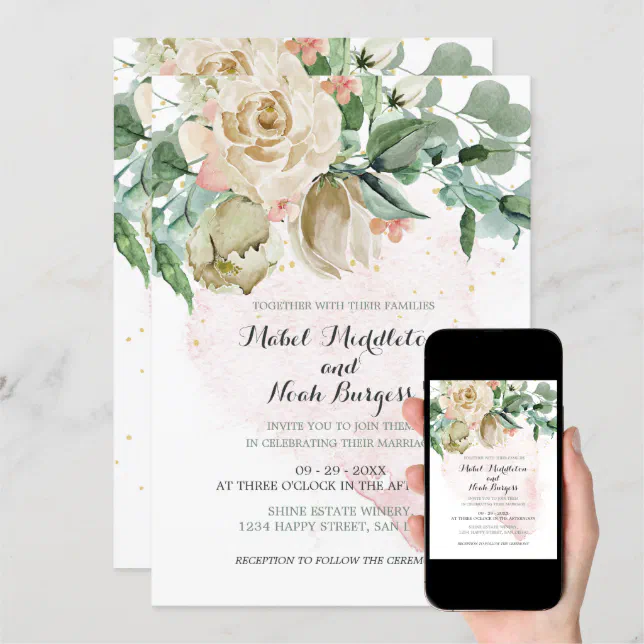 Wedding Floral Pink Green Foliage Elegant Rose Invitation | Zazzle