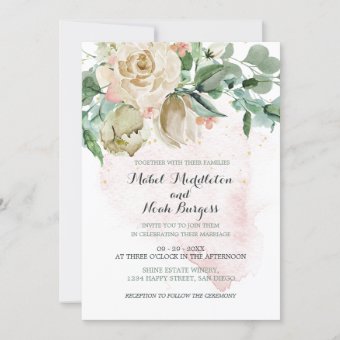 Wedding Floral Pink Green Foliage Elegant Rose Invitation | Zazzle