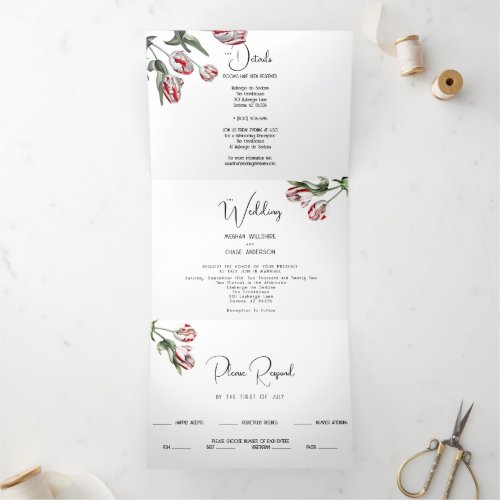 Wedding  Floral Red and White Rembrandt Tulips Tri_Fold Invitation