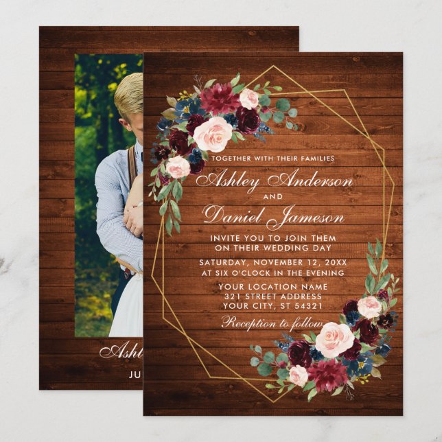 Wedding Floral Rustic Wood Geometric Gold Photo Invitation (Front/Back)