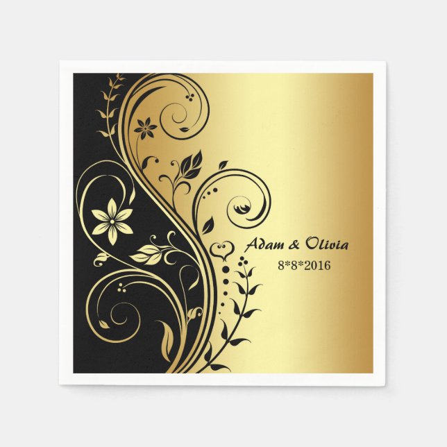 Wedding Floral Scroll Black Gold Napkin (Front)