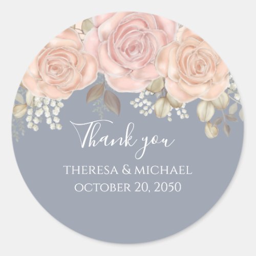 Wedding Floral Thank You Rose Gold Dusty Blue  Classic Round Sticker