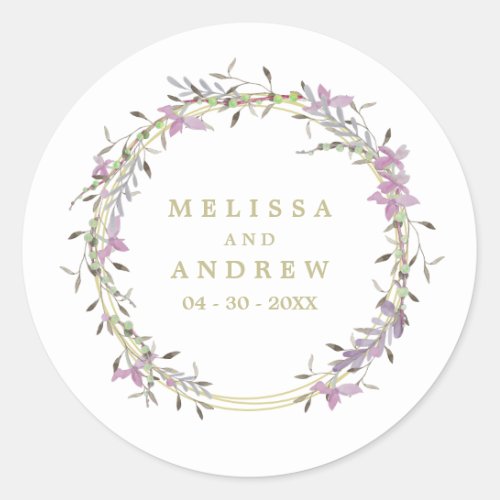 Wedding Floral Watercolor Garland in Purple Shades Classic Round Sticker