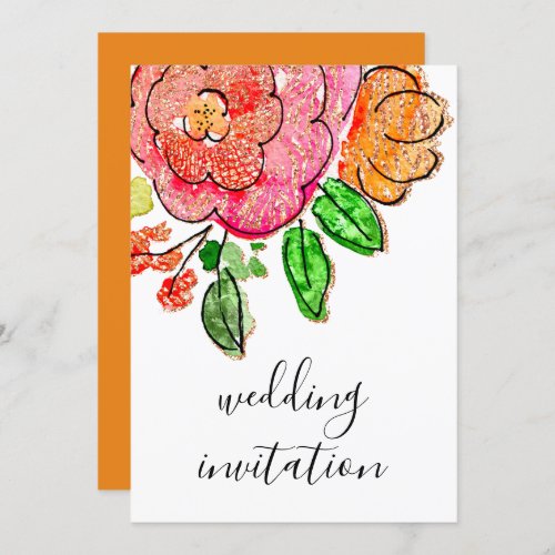 Wedding Floral Watercolor Orange Rose Glitter Invitation