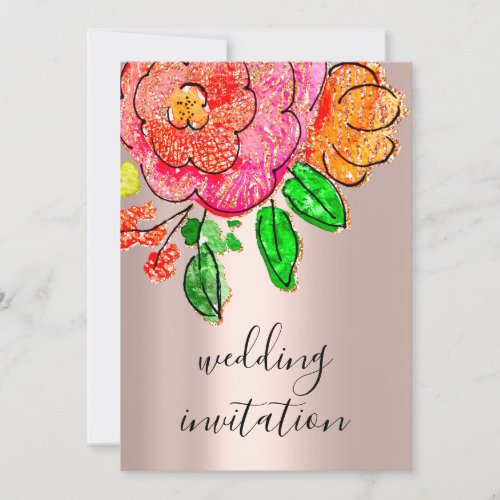 Wedding Floral Watercolor Rose Gold Glitter Invitation