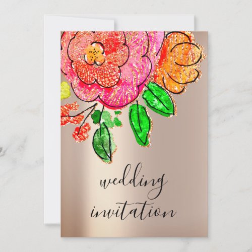 Wedding Floral Watercolor Rose Gold Glitter Spark Invitation