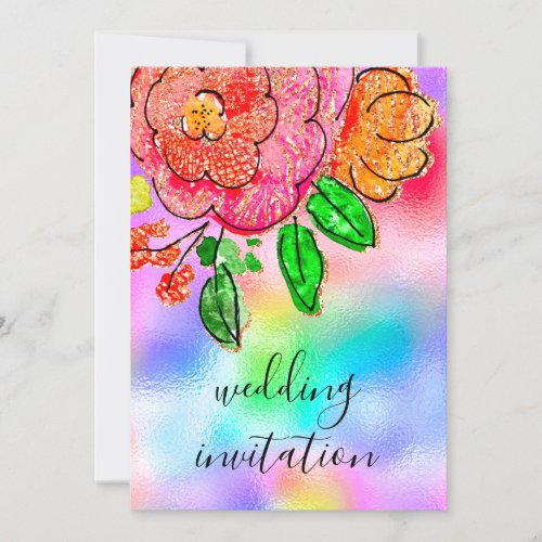 Wedding Floral Watercolor Rose Holograph Pink Invitation