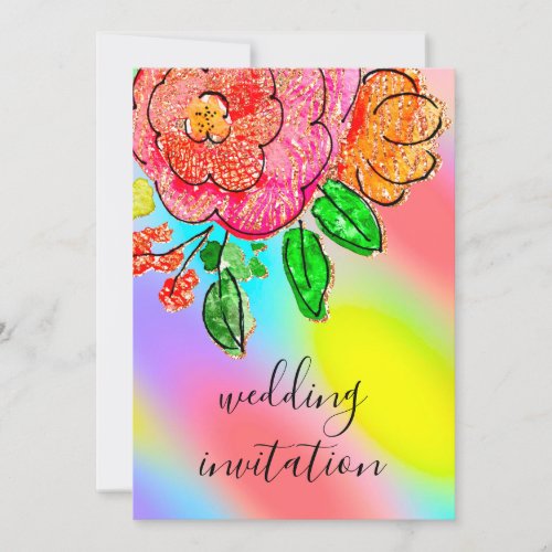 Wedding Floral Watercolor Rose Holograph Rainbow Invitation