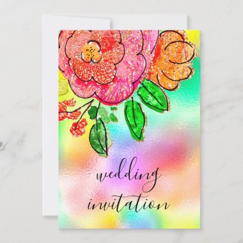 Wedding Floral Watercolor Rose Holographic Glitter Invitation