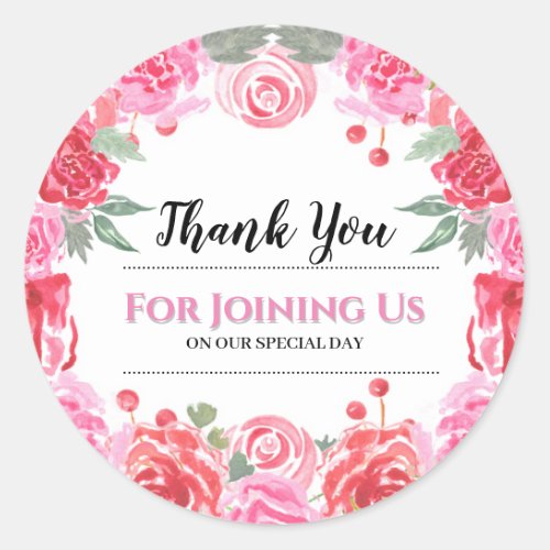 Wedding floral watercolor rose thank you classic round sticker