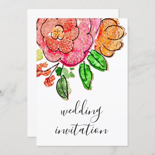 Wedding Floral Watercolor White Rose Glitter Invitation