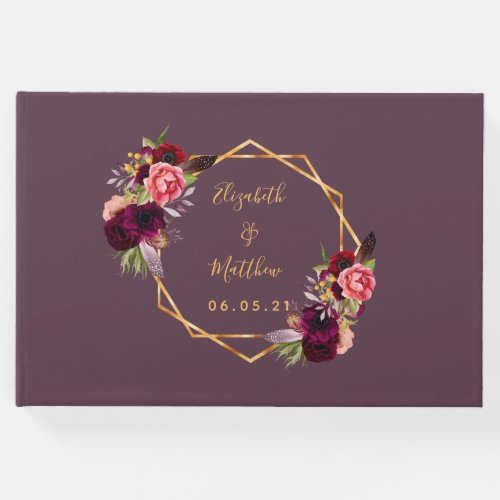 Wedding florals burgundy cassis purple geometric guest book